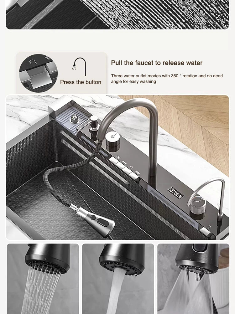 Waterfall Kitchen Sink Stainless Steel Extra Large Single Slot Cup Washer Embossed Digital Display Multifunctional Sinks