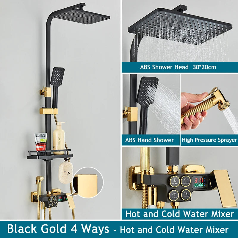 Shinesia Thermostatic Shower System Set Digital Display Rainfall Shower Faucet Mixer Bathroom Bathtub Tap With Shelf White/Black