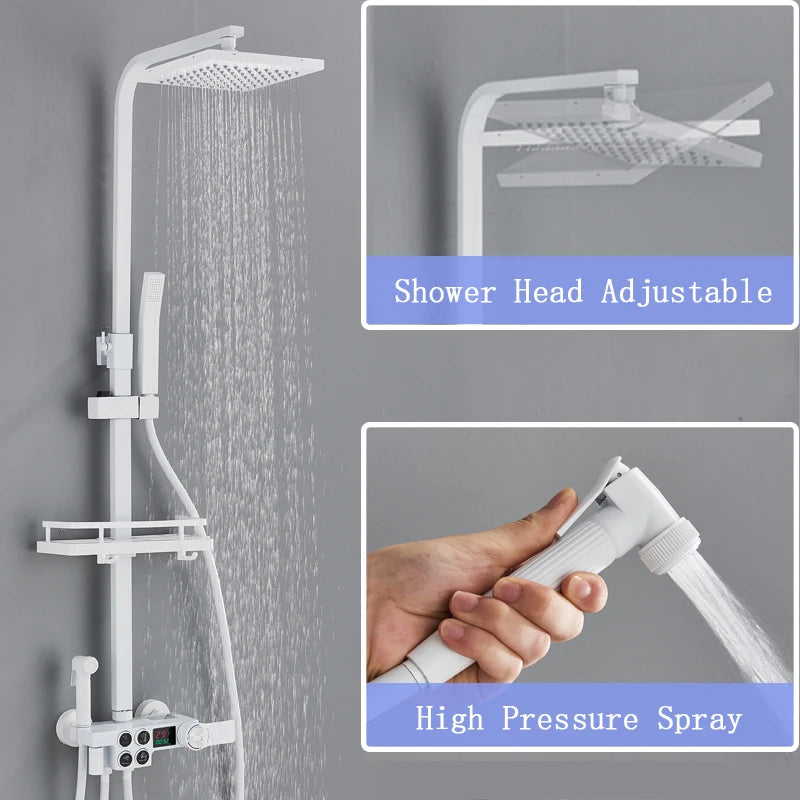 Shinesia Thermostatic Shower System Set Digital Display Rainfall Shower Faucet Mixer Bathroom Bathtub Tap With Shelf White/Black