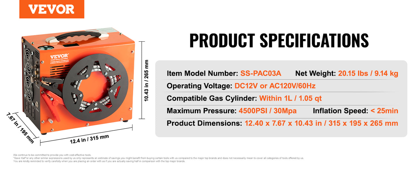 VEVOR PCP Air Compressor 4500PSI/30Mpa Portable PCP Airgun Compressor Water-Free Air Rifle Paintball Scuba Tank Compressor Pump